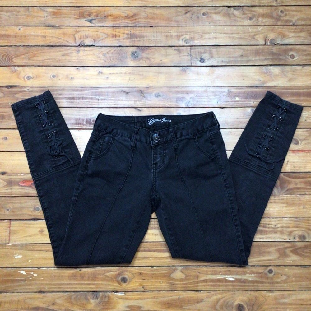 RARE black Guess jeans size 27 lace up bottoms very low rise skinny dark jeans